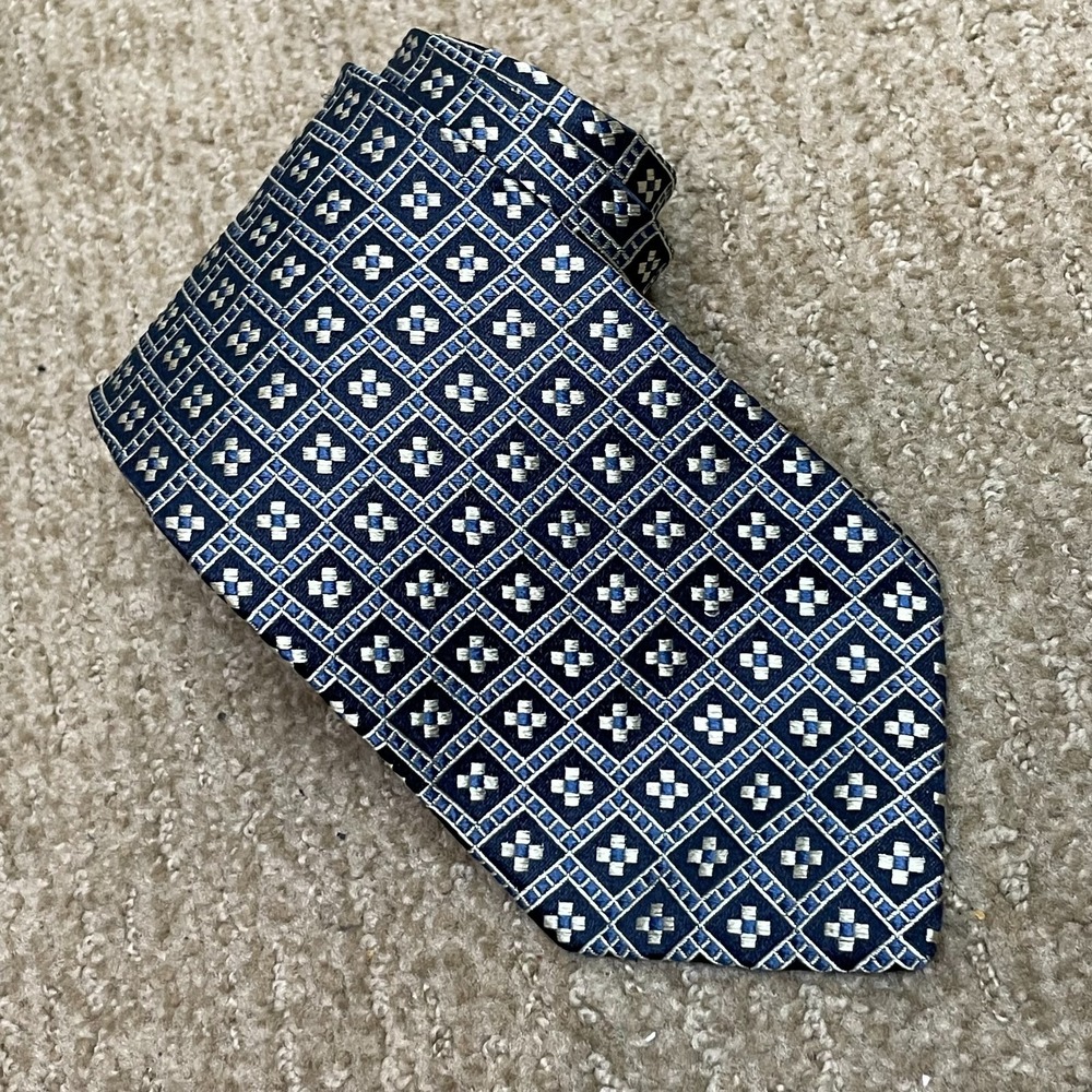 Brooks Brothers Blue‎ Geometric Squares Silk Tie Preppy USA Handmade